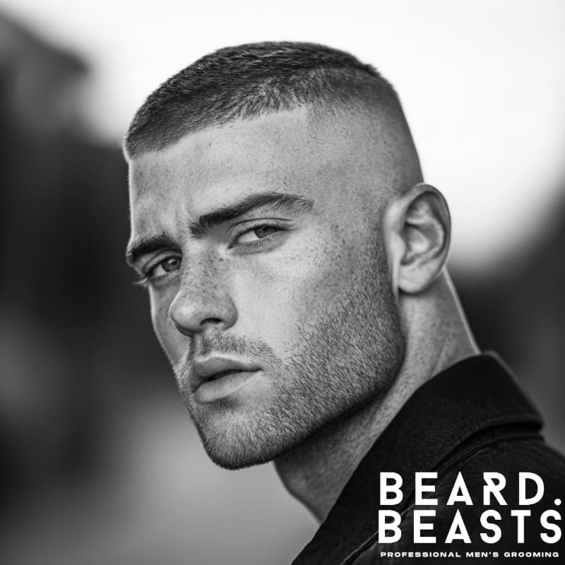 Man with a high skin fade buzz cut and textured top wearing a dark jacket, showcasing a sharp lineup and clean fade – Beard Beasts professional men's grooming