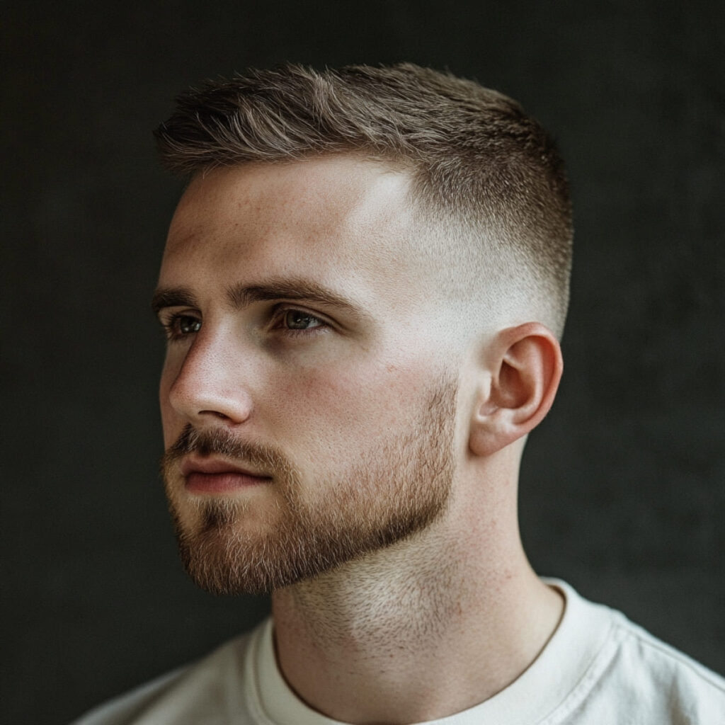 A close-up side profile of a man with short, textured hair on top. The sides feature a smooth, gradual fade that blends seamlessly into the skin, creating a clean and sharp look