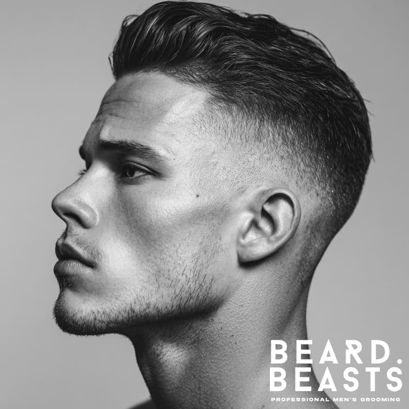 Skin fade with a slick back hairstyle, featuring a clean fade on the sides and neatly combed back hair on top for a sleek, refined appearance.