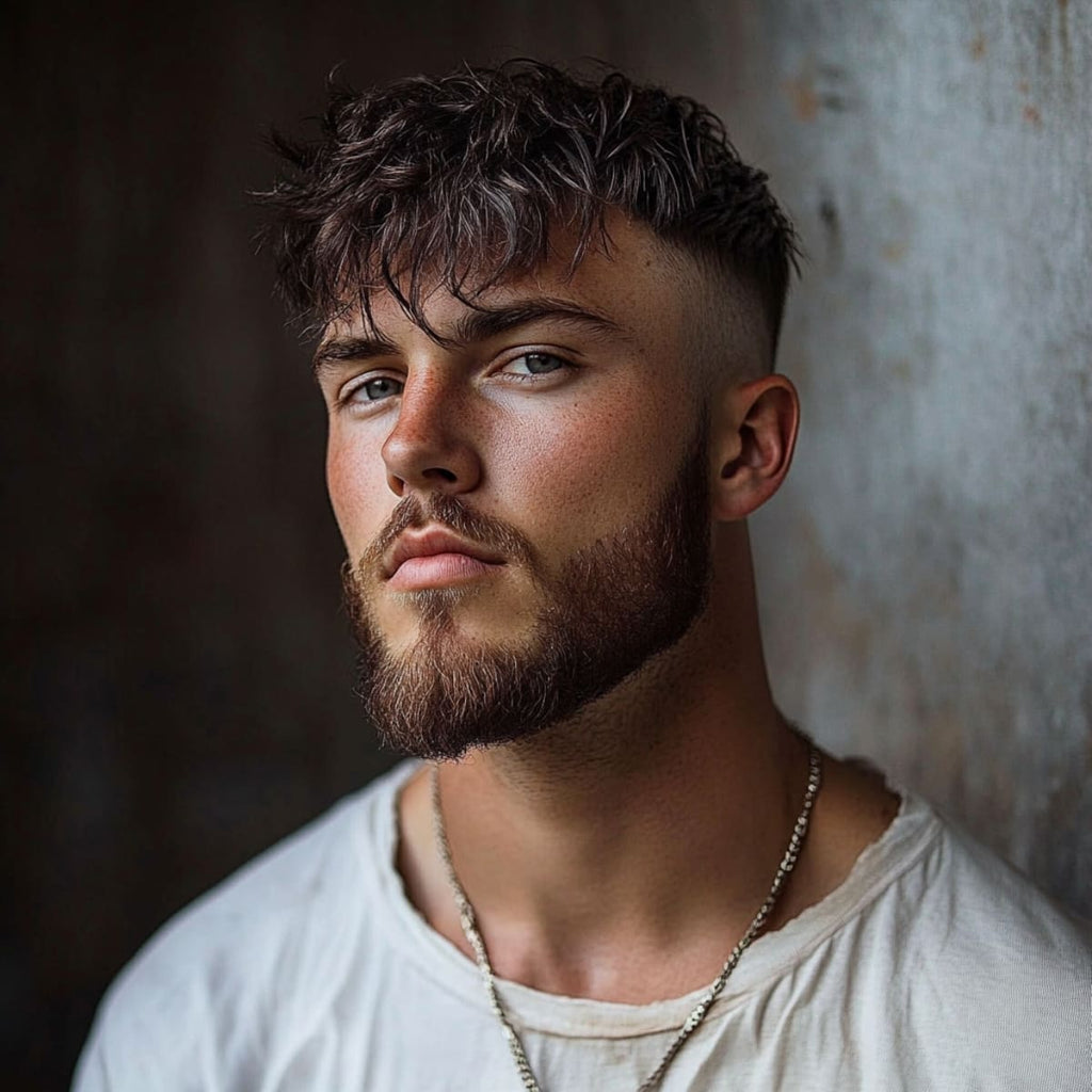 A stylish man sporting a mid fade haircut with a textured messy fringe, giving his hair a laid-back yet sharp appearance. His beard is neatly groomed and complements the clean fade, enhancing his strong jawline. He wears a simple off-white t-shirt and a chain necklace, adding to his effortlessly cool and modern look. His expression is calm and confident, and the tousled texture of his fringe provides a relaxed, casual vibe while the fade keeps it fresh and edgy.