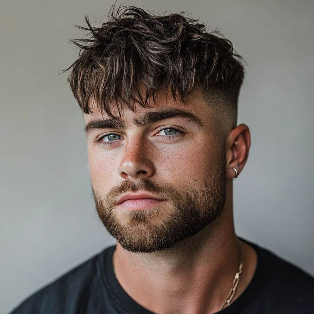 A man with tousled, textured hair, paired with a clean fade on the sides. He has a neatly groomed beard that complements his sharp features and piercing blue eyes.