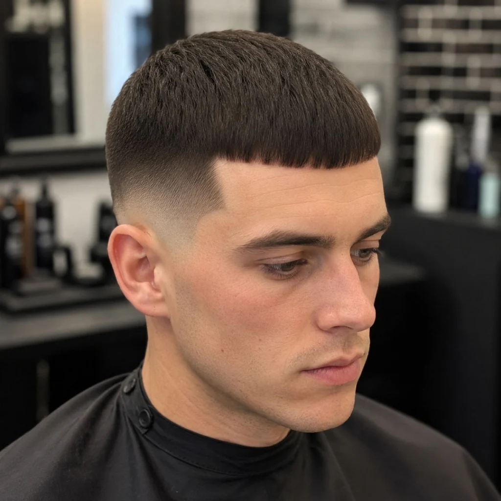 Classic French crop with a mid fade, short even top and a blunt fringe cut straight across the forehead