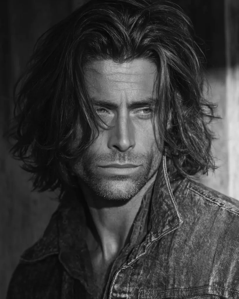 Cowboy curtains Western haircut on a man with a natural middle part, loose medium-length hair, and rugged texture