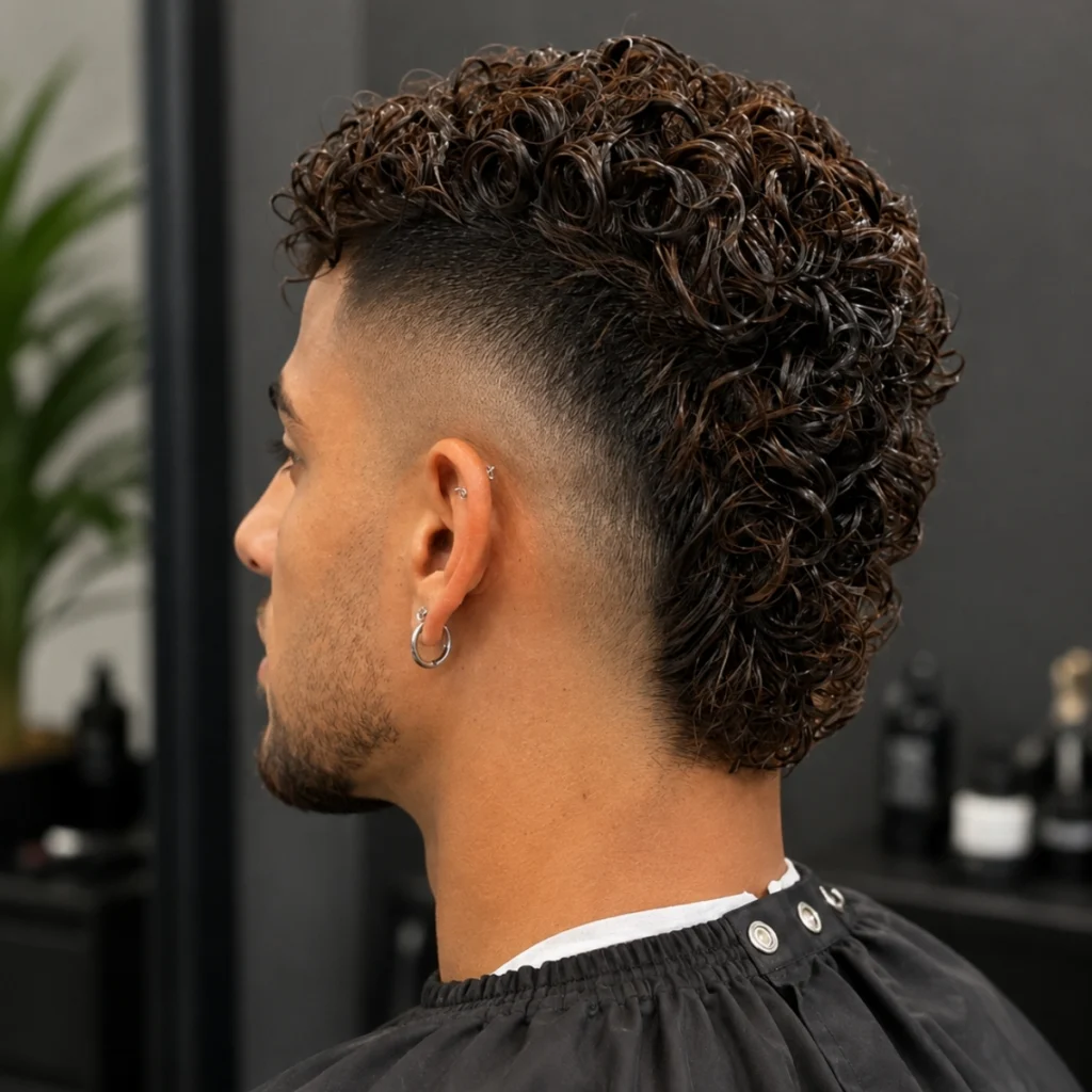 Curly burst fade with full curls on top and the fade wrapping fully around the ear in a circular blend