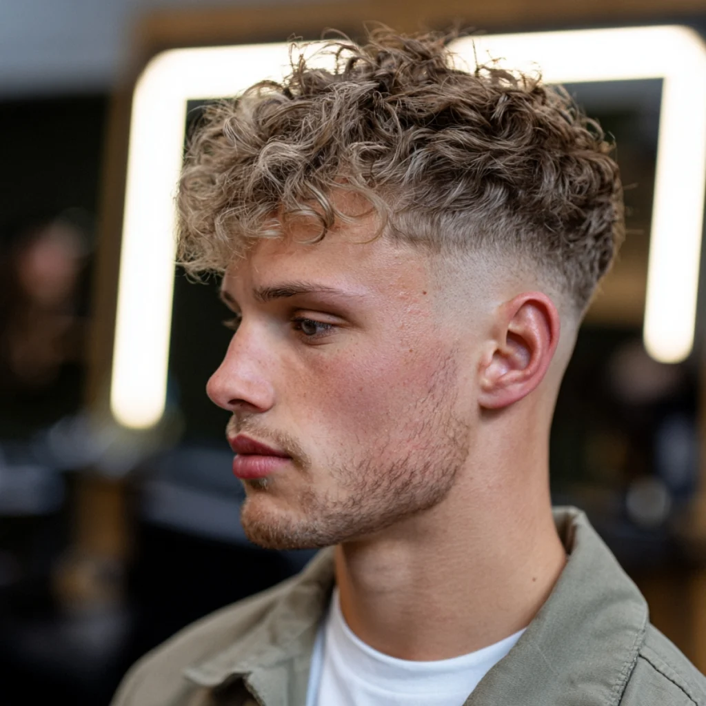 Curly drop fade with loose curls on top and the fade curving down behind the ear
