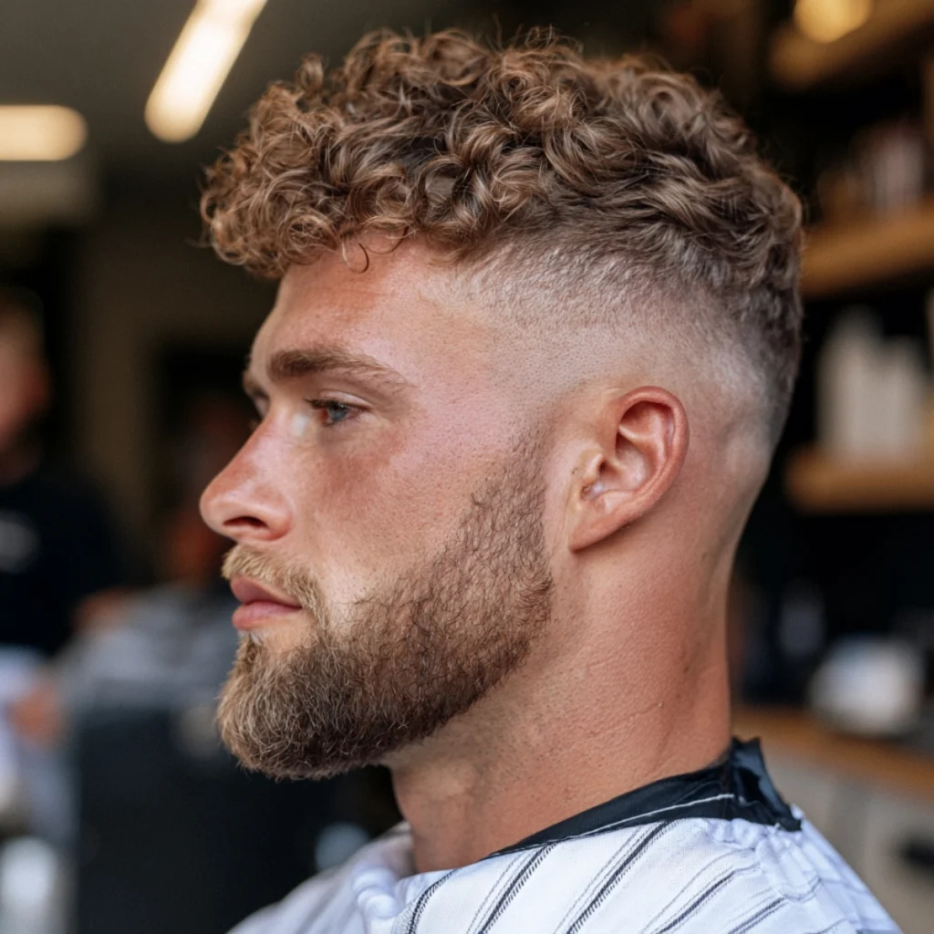 Curly fade with a beard, textured curly top paired with a full beard that has matching natural texture