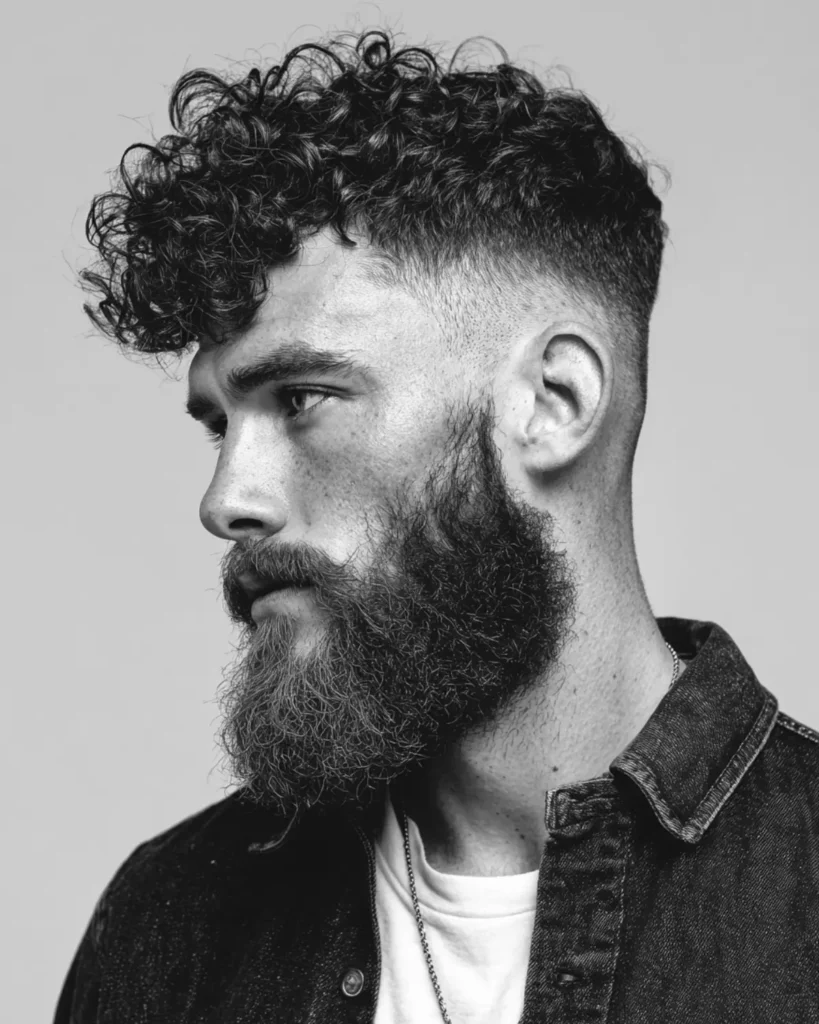 curly hair fade paired with full beard, side profile black and white