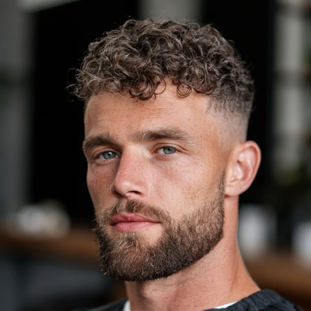 Curly high fade with tight curls on top and the fade starting high on the side of the head