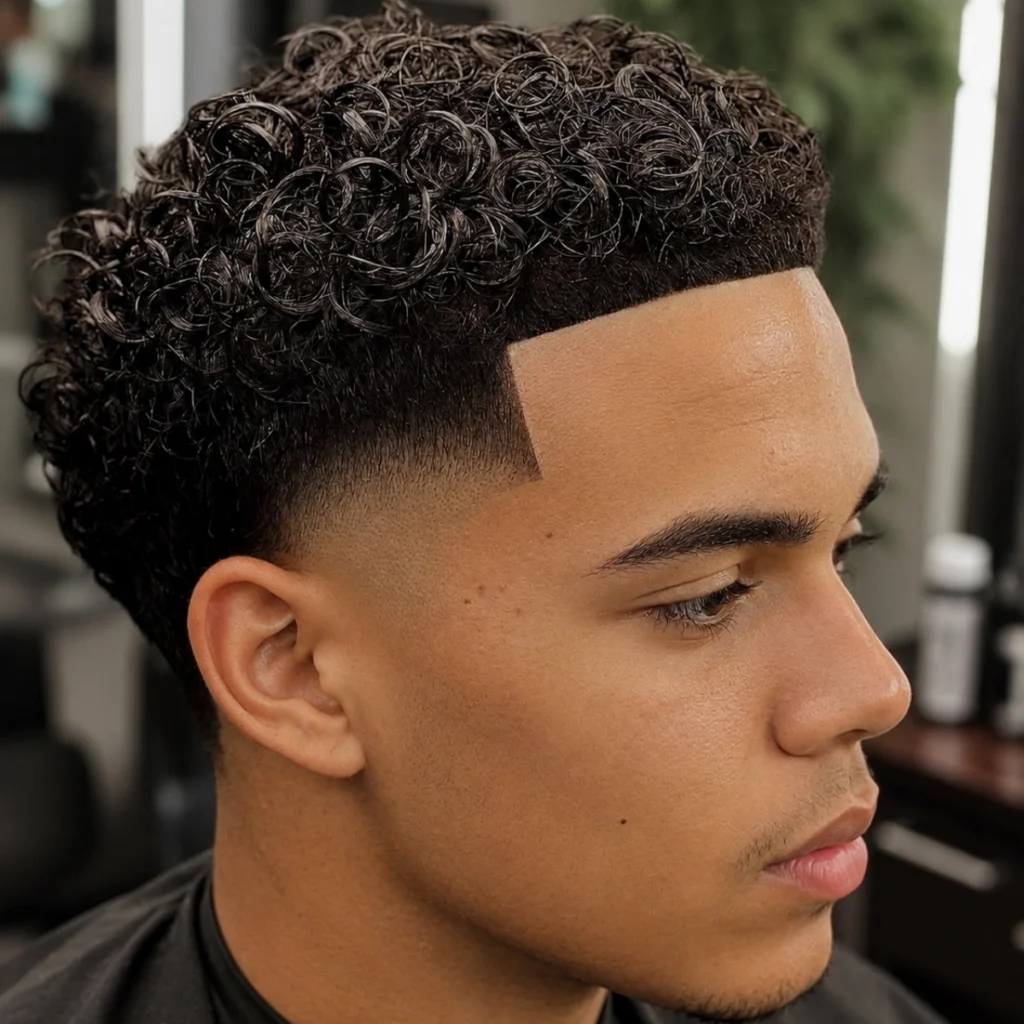Curly high taper fade with tight curls on top, a gradual blend down the sides, and a shaped hairline