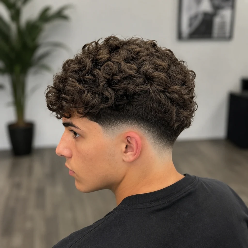 Curly low fade with full curls on top and the fade starting just above the ear