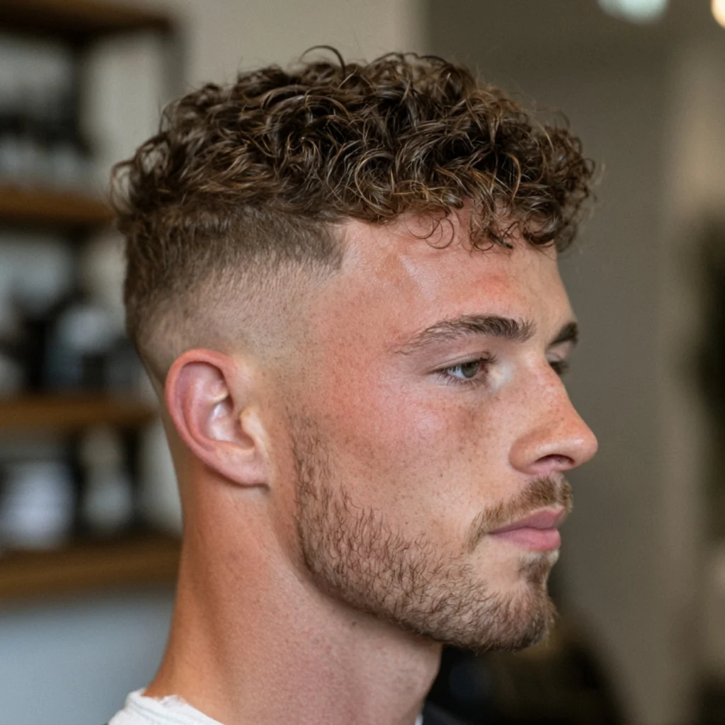 Curly messy crew cut fade with defined curls on top and faded sides