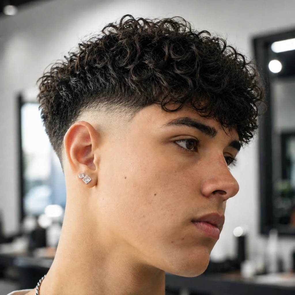Curly mid fade with defined curls on top and the fade starting at mid-temple height on the side