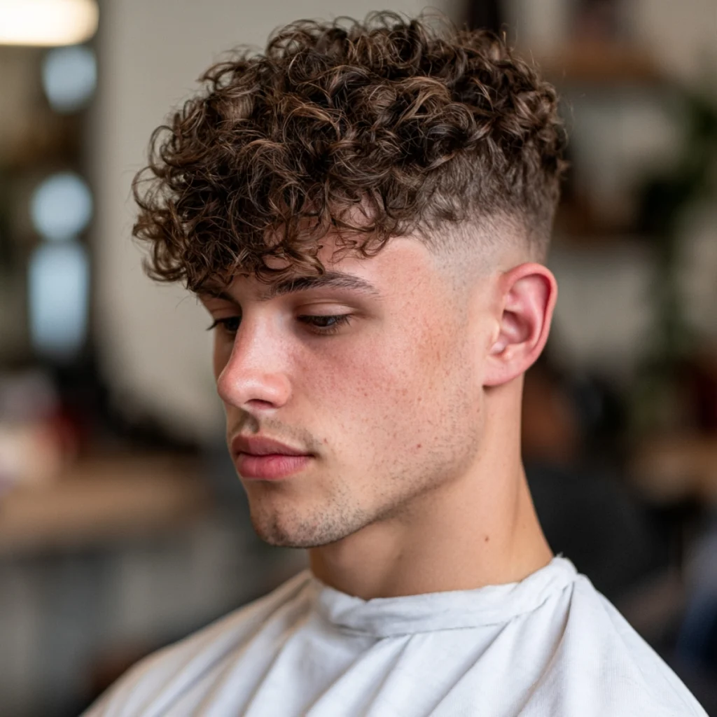 Curly skin fade with tight defined curls on top and the sides shaved down to bare skin