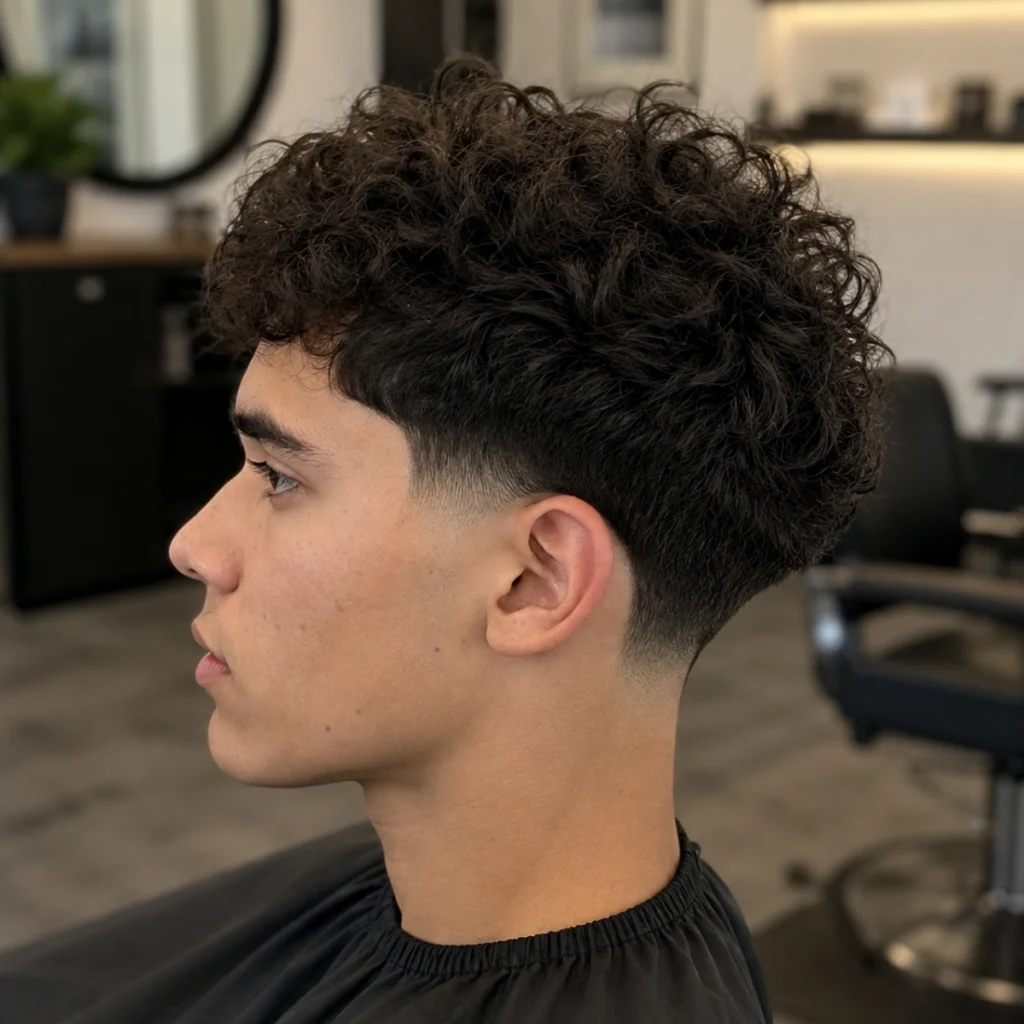 Curly taper fade with full curls on top and a soft gradual blend down the sides rather than a hard line.