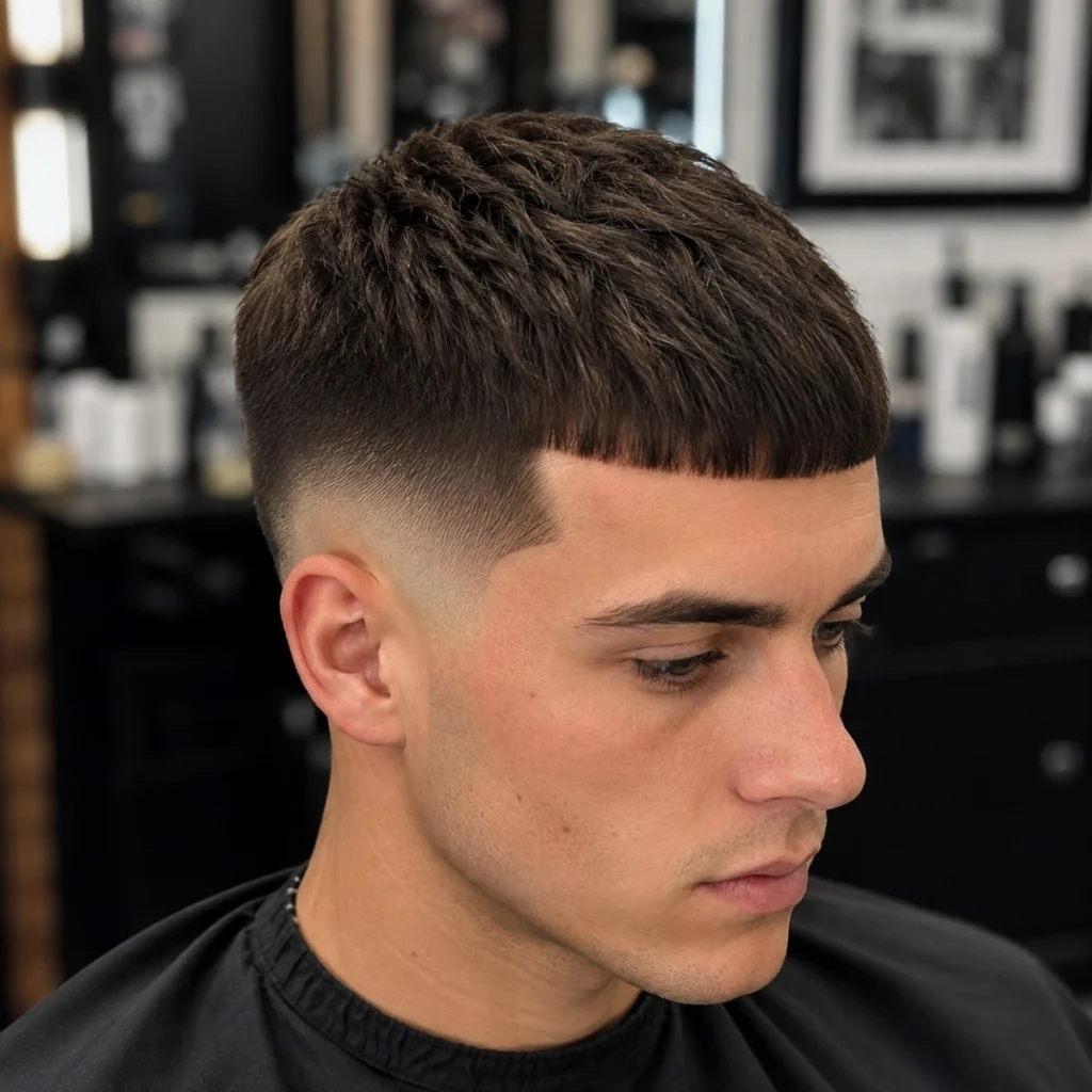 French crop with a drop mid fade, blunt fringe and textured crown with the fade curving down behind the ear