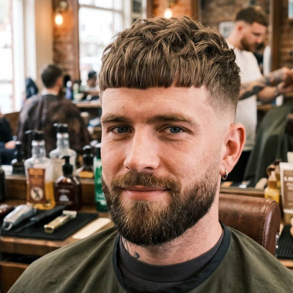 French crop with a mid fade and a full beard, blunt fringe and textured top paired with thick, groomed facial hair