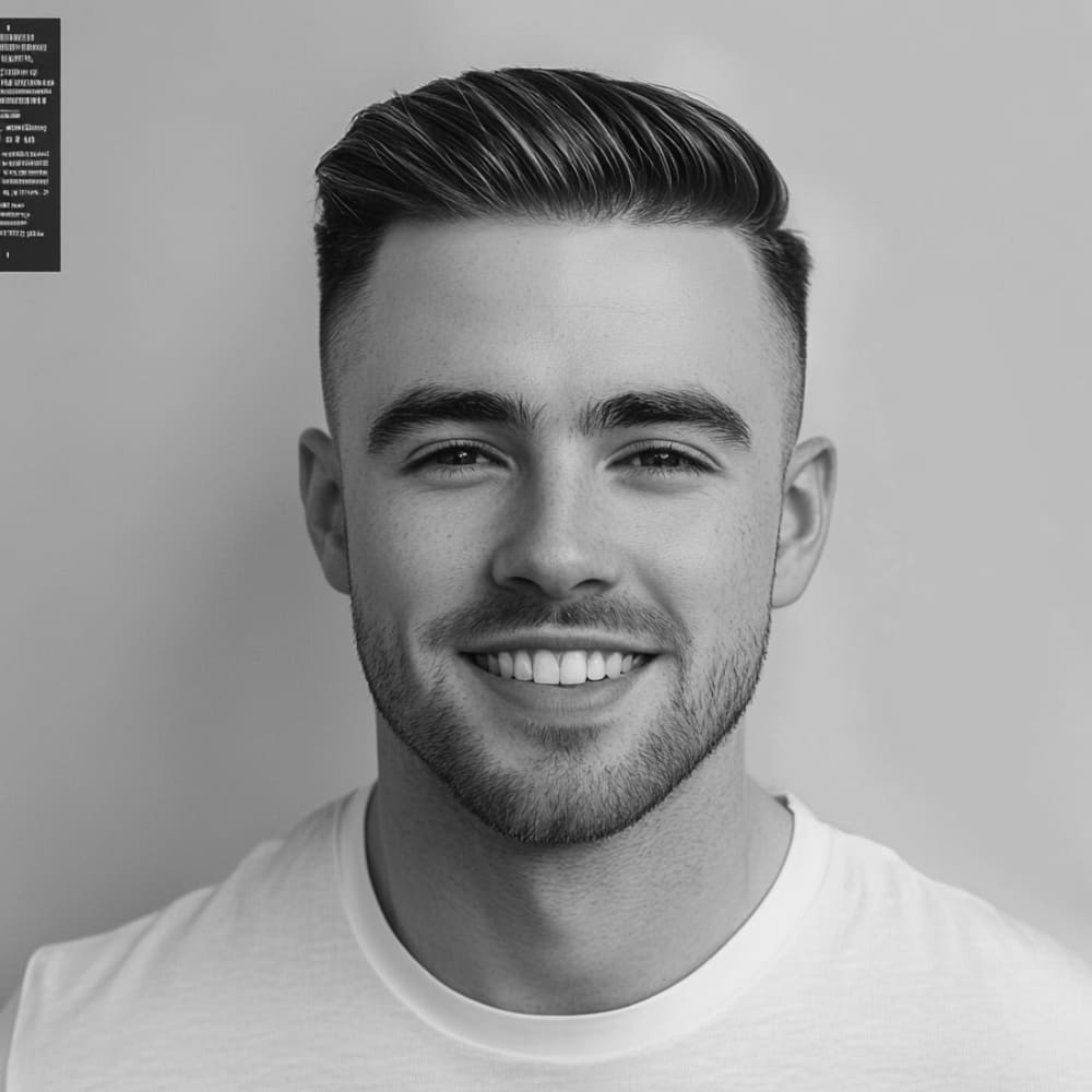 A smiling man with a skin fade side part hairstyle, featuring a sharp, clean fade on the sides and a defined part with neatly combed hair on top. He is wearing a white shirt, showcasing a modern, polished look that highlights the precise fade and styling of this trendy haircut.