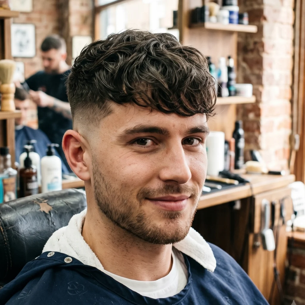 Long wavy French crop with a mid fade, loose curls falling over a longer fringe with a low mid fade