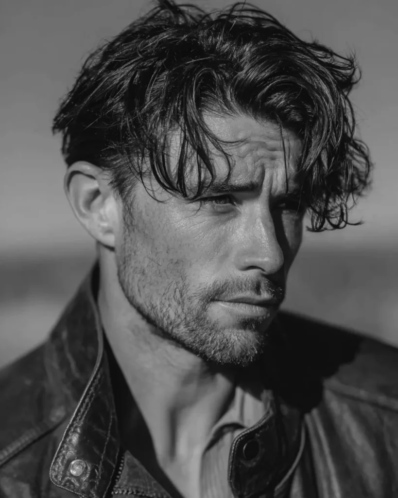 Low taper flow cowboy haircut on a man with loose swept hair, clean tapered sides, and rugged Western style