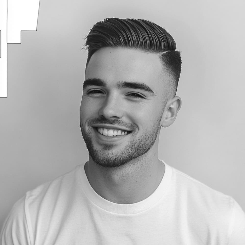 A smiling man with a neatly styled haircut, featuring a clean fade on the sides and a well-defined part on top. He is wearing a white shirt, and his hair is combed to the side, giving a polished and modern look.