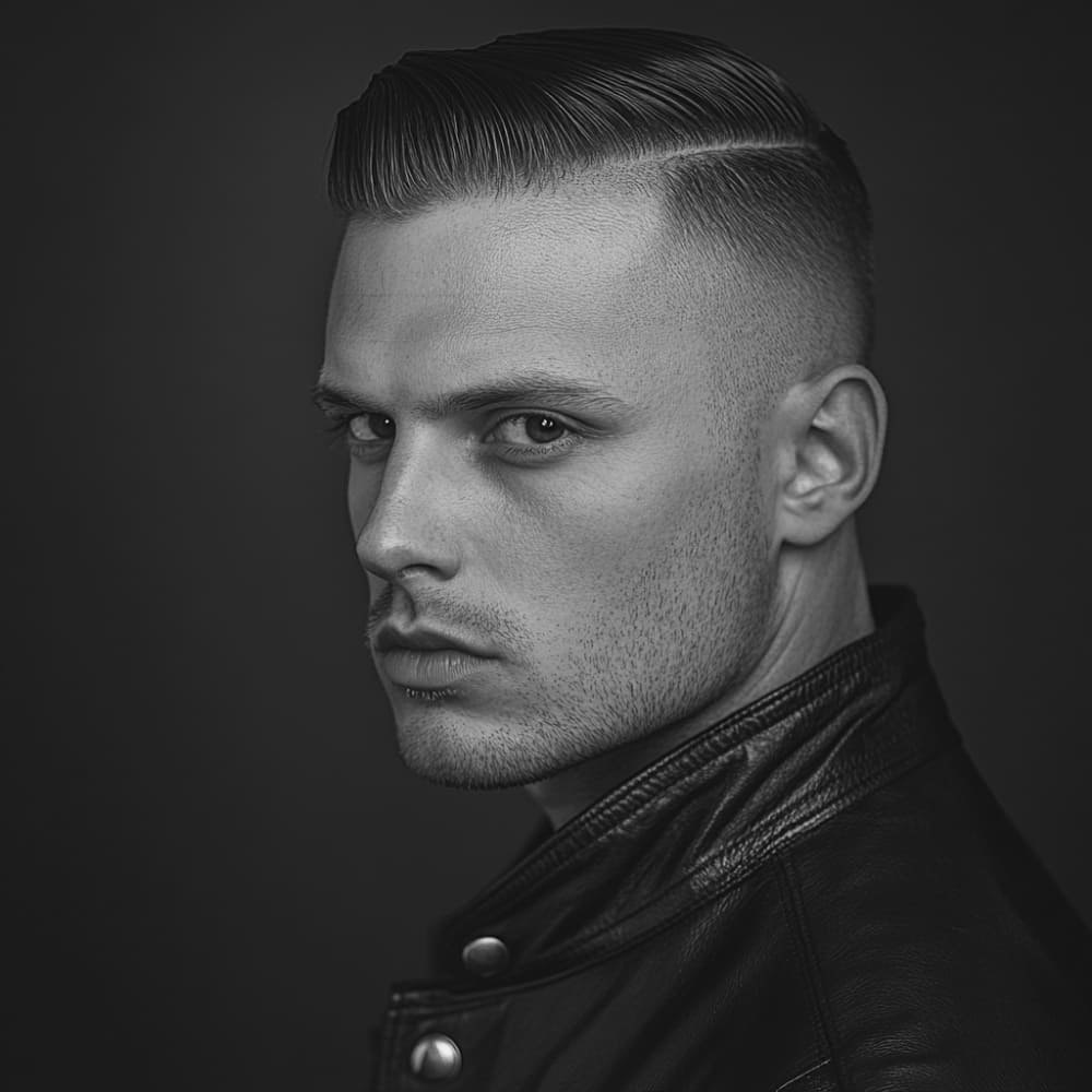 Black-and-white portrait of a man with a slicked-back skin fade side part. His hair is neatly styled with a sharp side part and a smooth, combed-back top, while the fade on the sides transitions seamlessly into his skin. He has a confident, intense gaze, well-defined facial features, and light stubble. He is wearing a black leather jacket with metallic buttons, adding a sleek and edgy look. The dark background enhances the contrast, focusing on his sharp haircut and chiseled features.