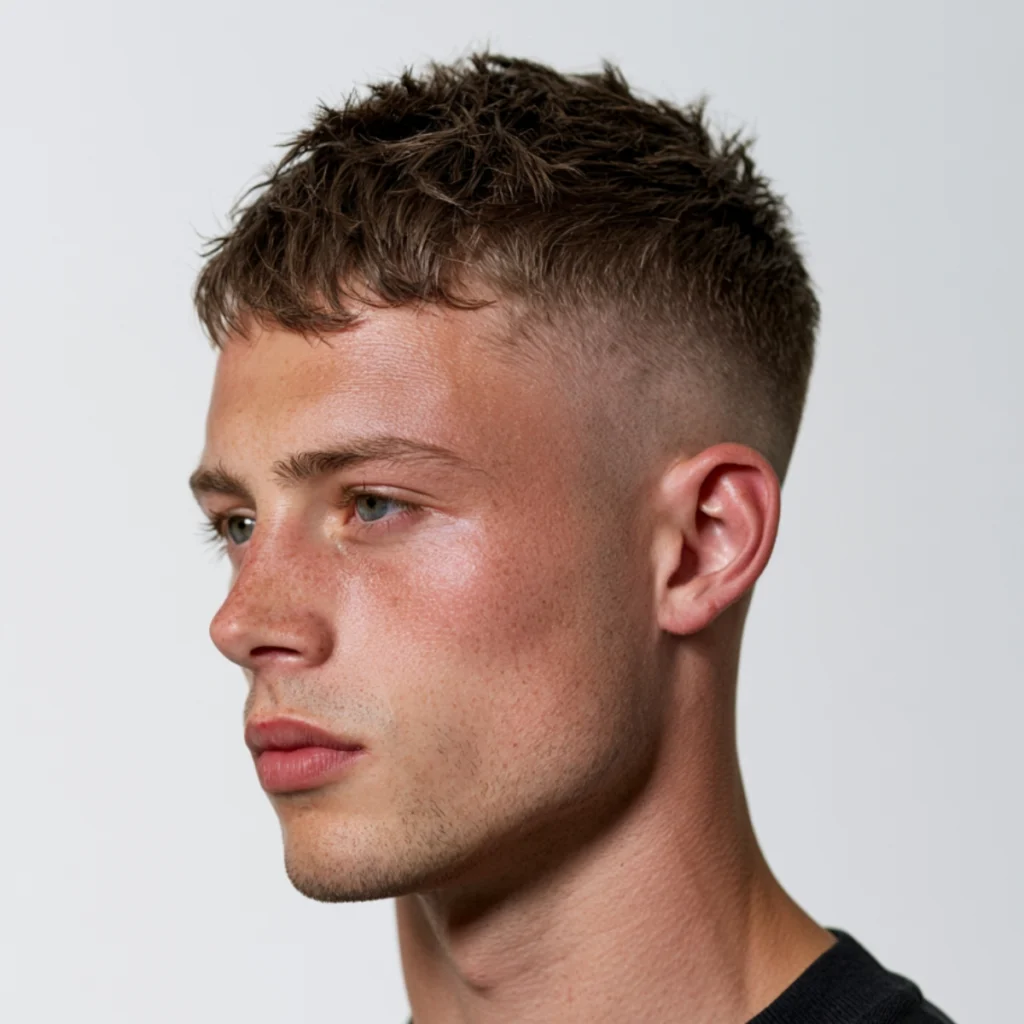 Messy crew cut with a drop fade and textured top