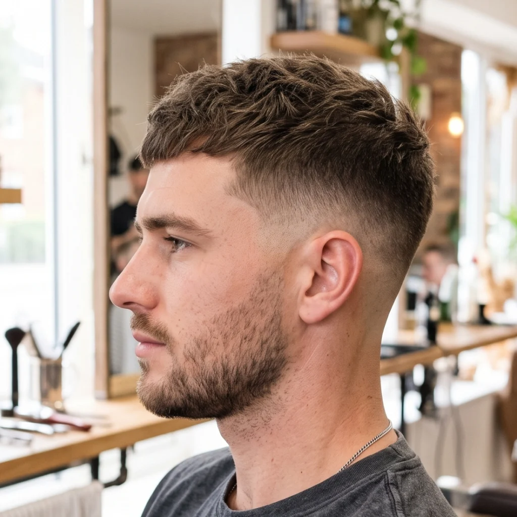 Messy crew cut with a mid fade and short textured top in a barbershop