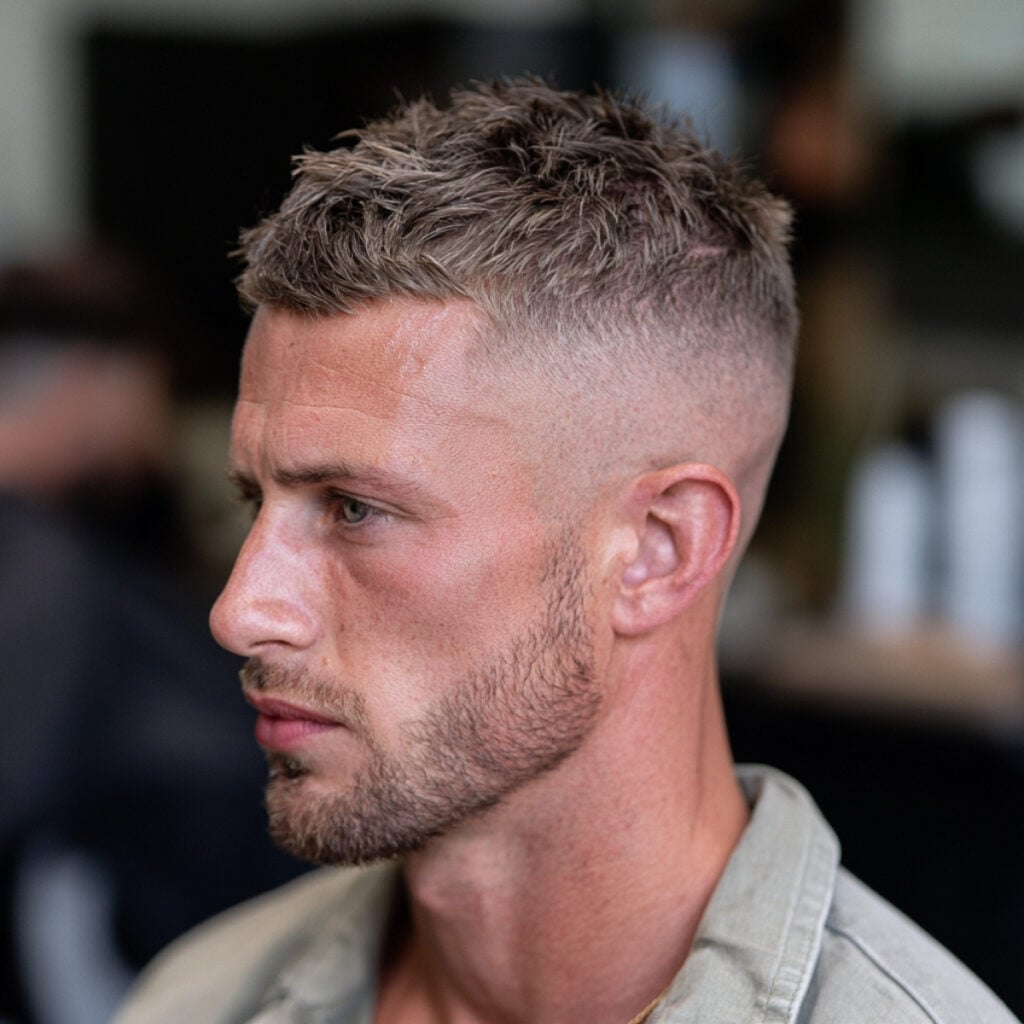 Messy crew cut with a skin fade and short textured top