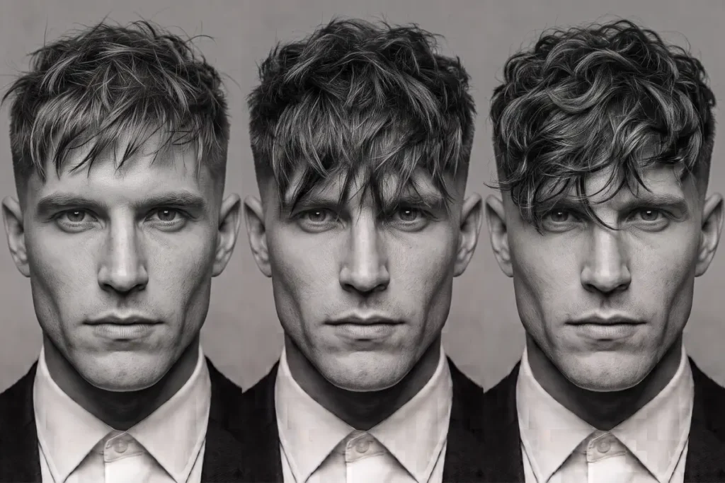 messy fringe mid fade haircut comparison on fine, thick, and wavy hair
