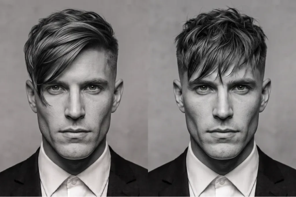 messy fringe mid fade haircut, straight-down fringe compared to side-swept fringe