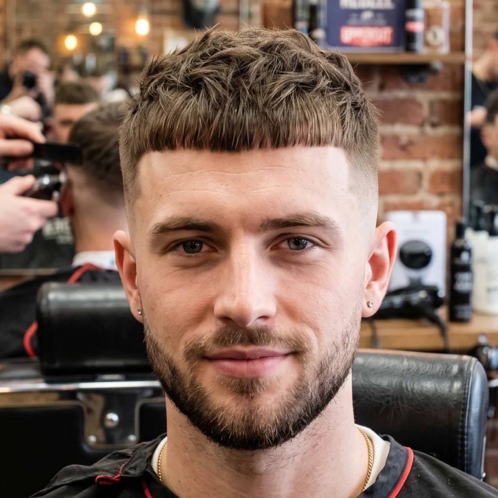 Micro fringe French crop with a mid fade, short cropped fringe and textured top with a short beard