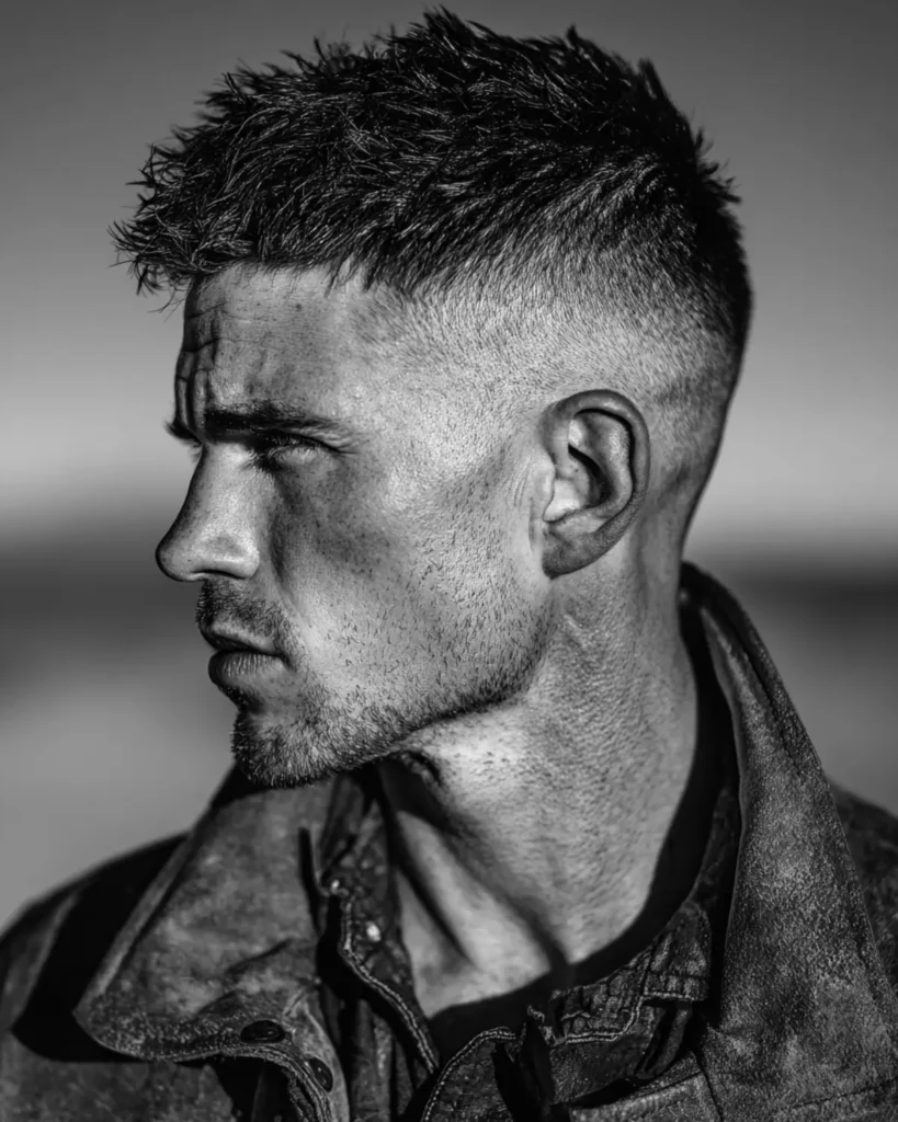 Modern rancher crop cowboy haircut on a man with a short textured top, faded sides, and rugged Western style