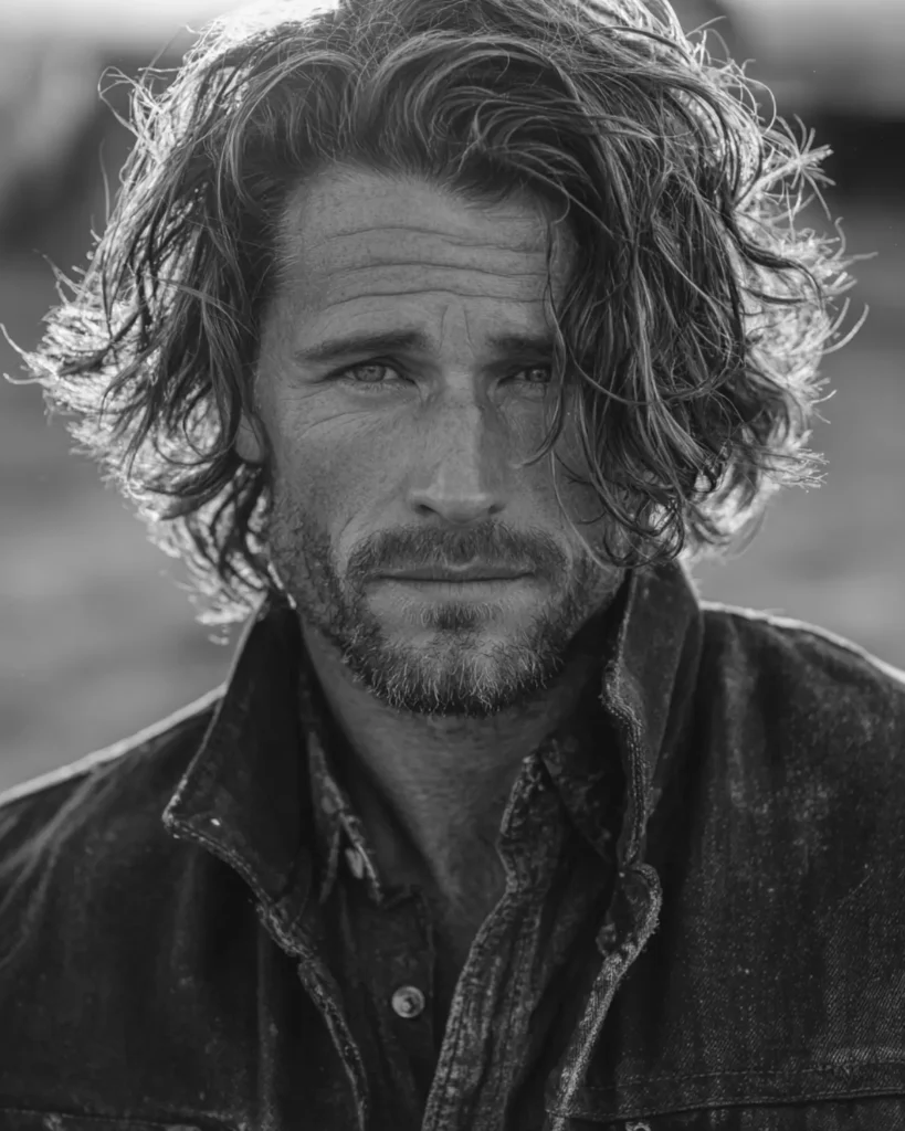 Rough Rider Waves cowboy haircut on a man with medium-length wavy hair, loose texture, and rugged Western style