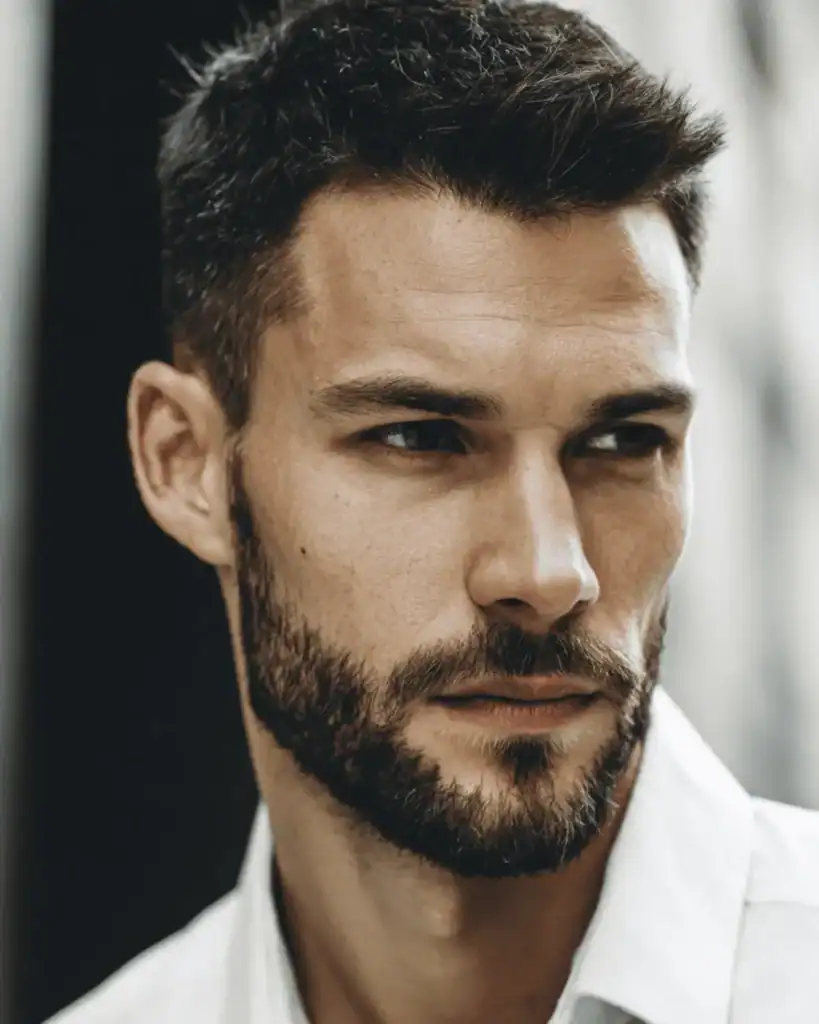 man with a clean short boxed beard