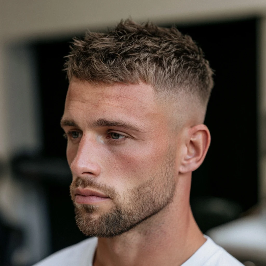 Short messy crew cut with a high fade and short textured top