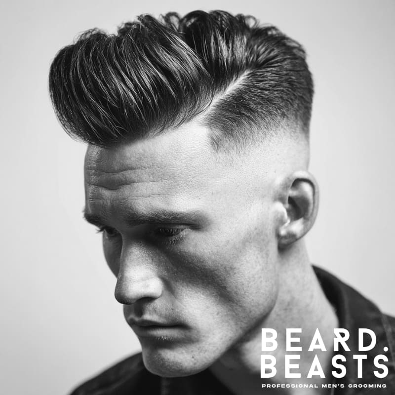 Man with a high fade quiff—sharp part, high volume on top, and tight skin fade at the sides.