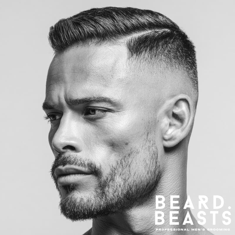 Skin fade comb-over with a hard part, featuring clean, defined lines on the sides and a sleek, polished top.