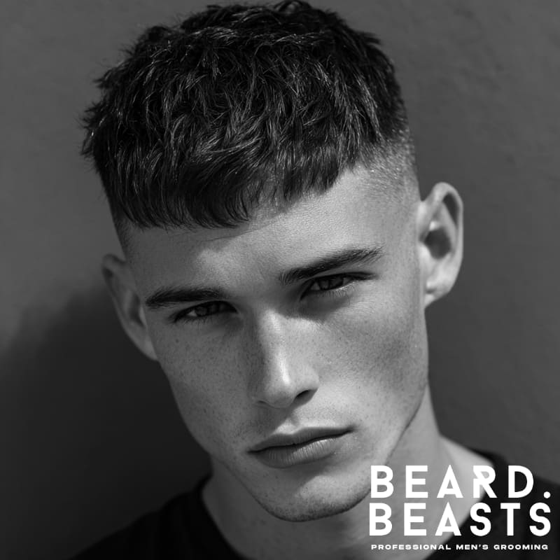 Skin fade French crop hairstyle featuring a sharp fade with a short, textured fringe. A modern, stylish example of skin fade hairstyles with a clean and edgy finish.