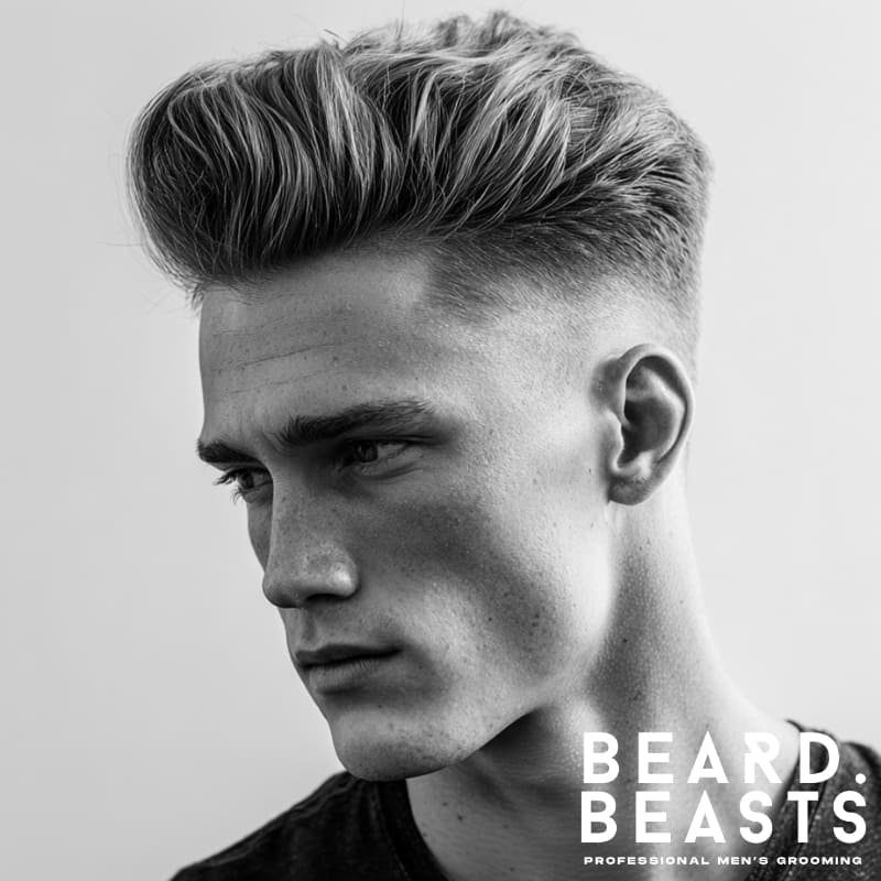 Skin fade pompadour hairstyle with high volume and sharp fade on the sides, creating a bold, stylish contrast. A modern, clean example of skin fade hairstyle.