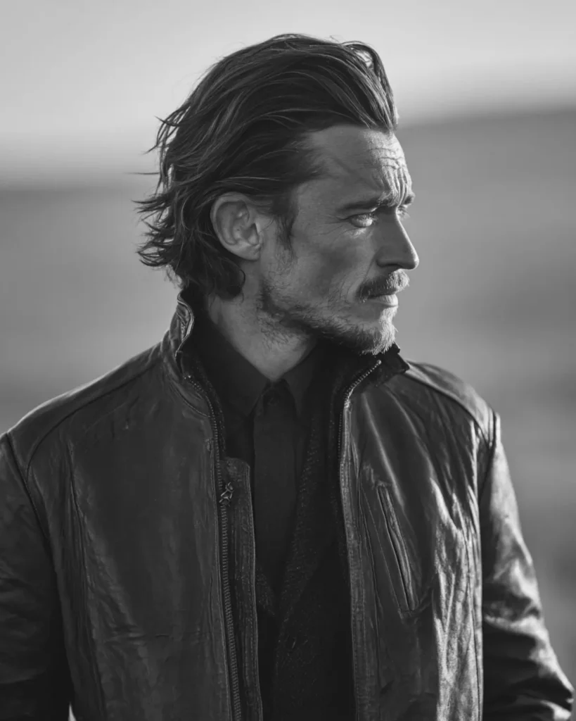 Slicked-back Western cowboy haircut on a man with thick swept-back hair and a low-sheen textured finish