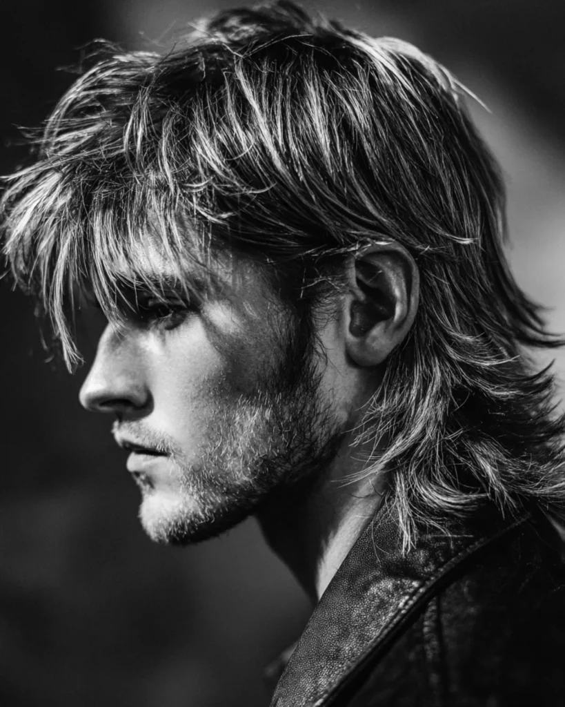 Man with a soft mullet cowboy haircut, layered medium-length hair, and a gradual longer back
