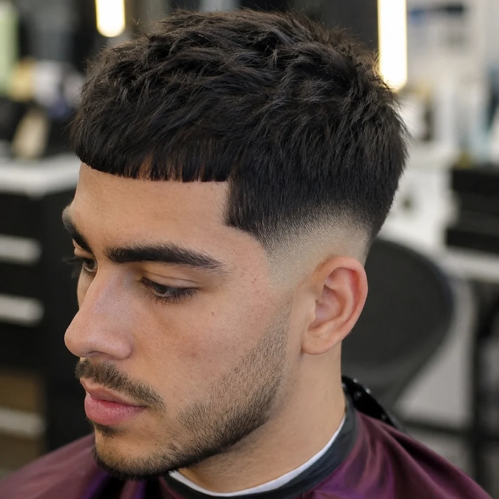 French crop with a mid fade, textured crown and a blunt fringe kept straight across the forehead