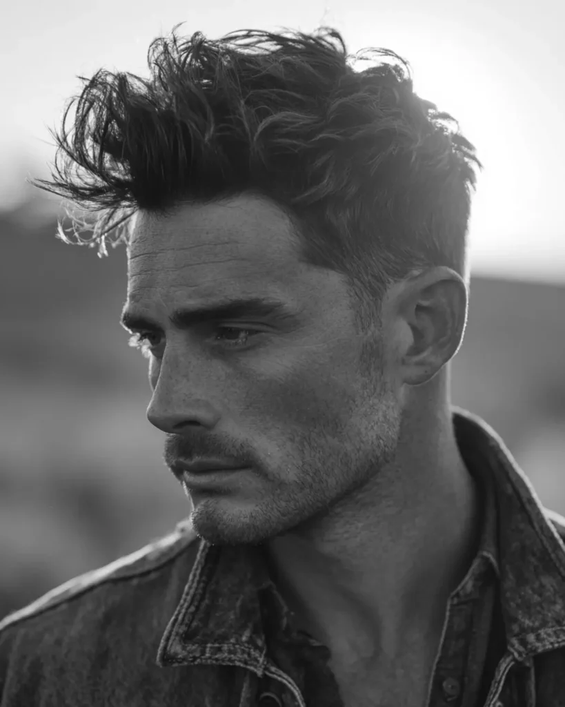 Textured quiff with shadow fade cowboy haircut on a man with loose volume and natural matte texture