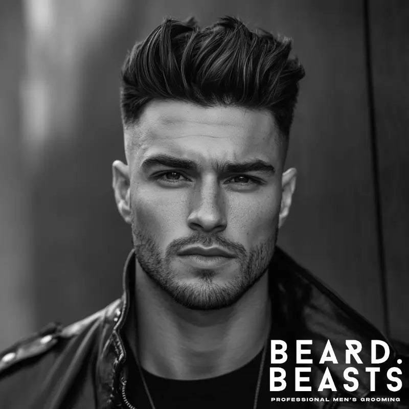 Textured skin fade pompadour with voluminous, tousled top and clean fade on the sides, creating a bold and effortless look.