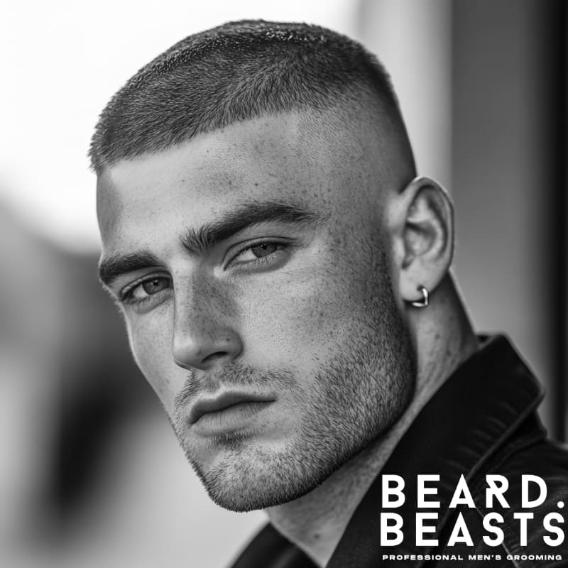 Close-up black and white portrait of a man with a textured buzz cut and high skin fade, showcasing sharp grooming and defined jawline – Beard Beasts professional men's grooming style.