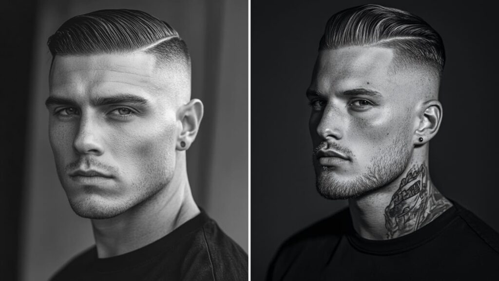 Two black-and-white portraits of men with a skin fade side part hairstyle. The man on the left has a slicked-back top with a sharp side part and a clean fade. He wears a black T-shirt and has a confident expression. The man on the right has a high skin fade with a voluminous top, a well-groomed beard, and a noticeable neck tattoo. His gaze is serious, and dramatic lighting highlights his features.