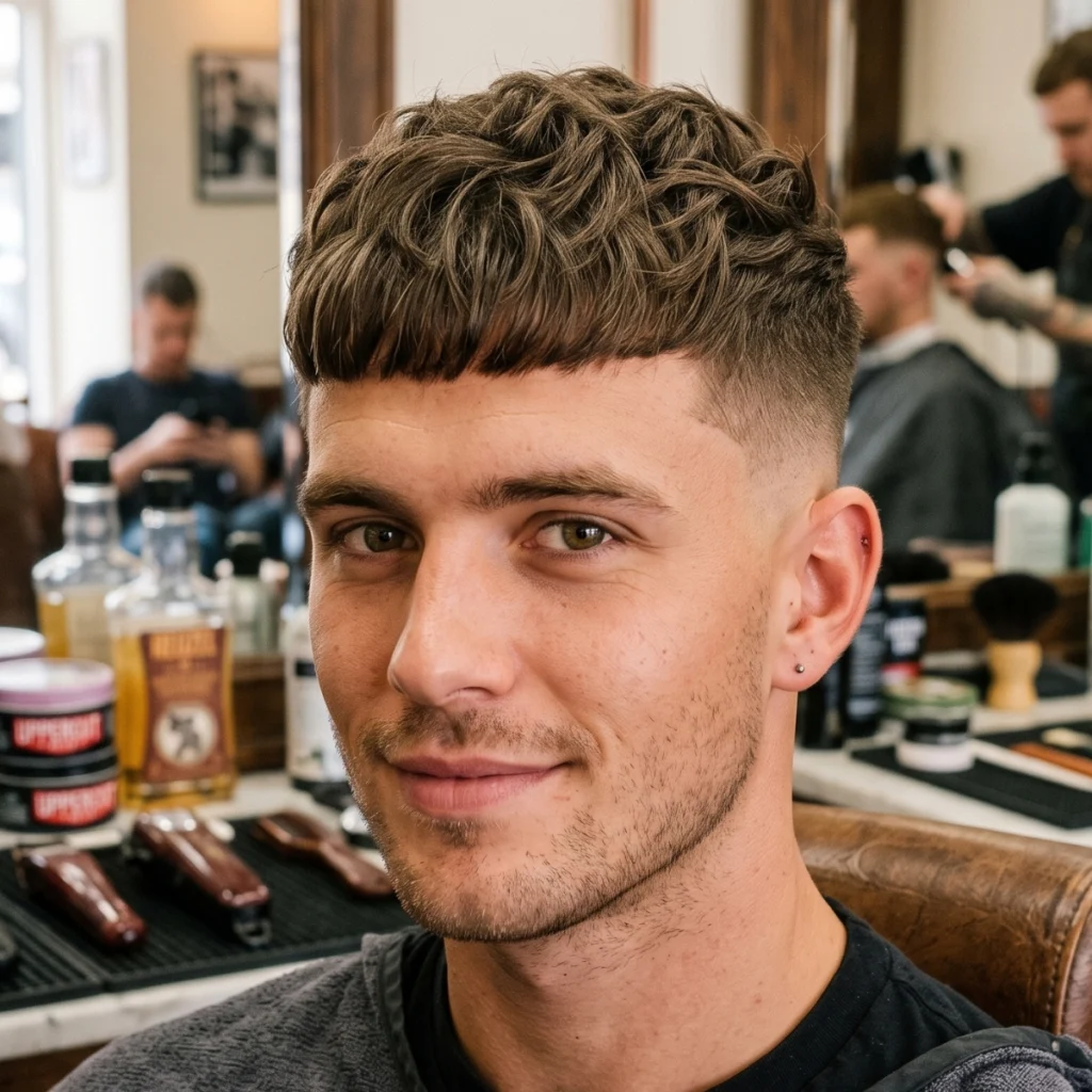 Wavy French crop with a mid fade, natural wave through the top and a blunt fringe cut straight across
