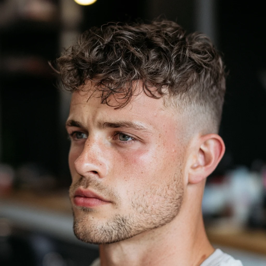 Wavy messy crew cut fade with natural wave through the top and faded sides