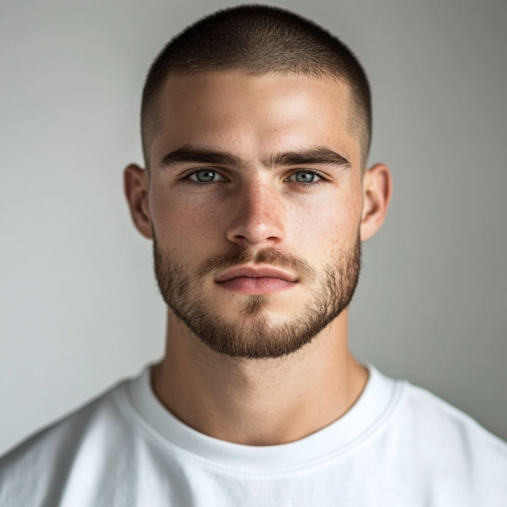 Young man with a buzz cut hairstyle, ideal for men with big foreheads, showcasing a clean, minimalist look that emphasizes facial features. A perfect example of short hairstyles for men with big foreheads, providing a simple, low-maintenance option that balances the forehead area for a sharp, modern appearance.