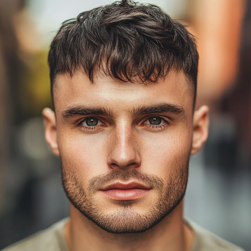 Man with a French crop hairstyle featuring a forward fringe, ideal for men with big foreheads. This short hairstyle softens facial features by partially covering the forehead, creating a trendy and balanced look. A great example of short hairstyles for men with big foreheads, combining modern style with functionality for a flattering appearance.